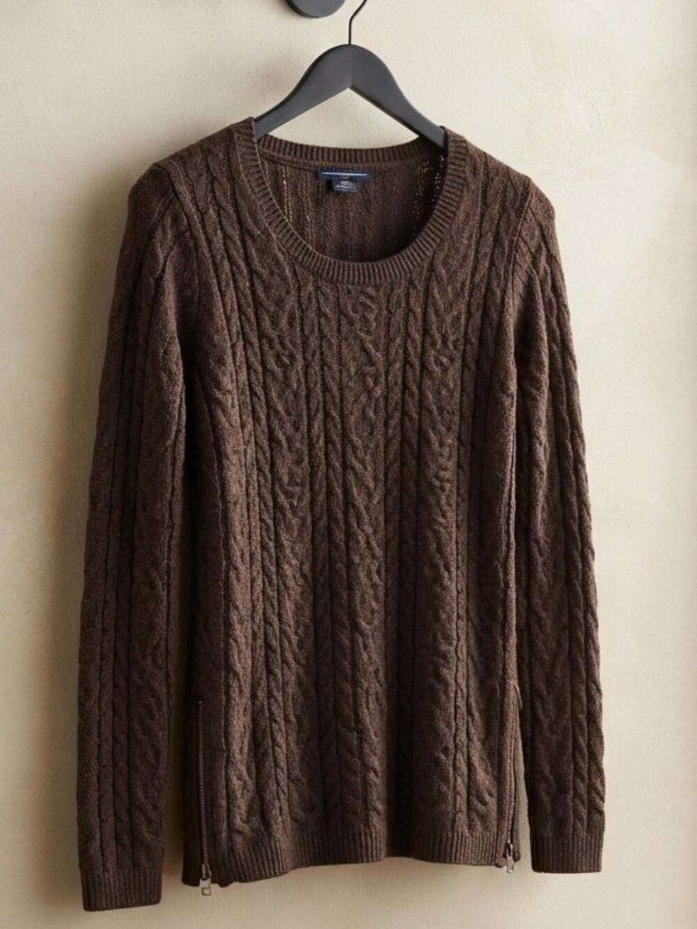 American Eagle Cable Knit Sweater Women's Small Brown Crew Neck Side Zip Pullove